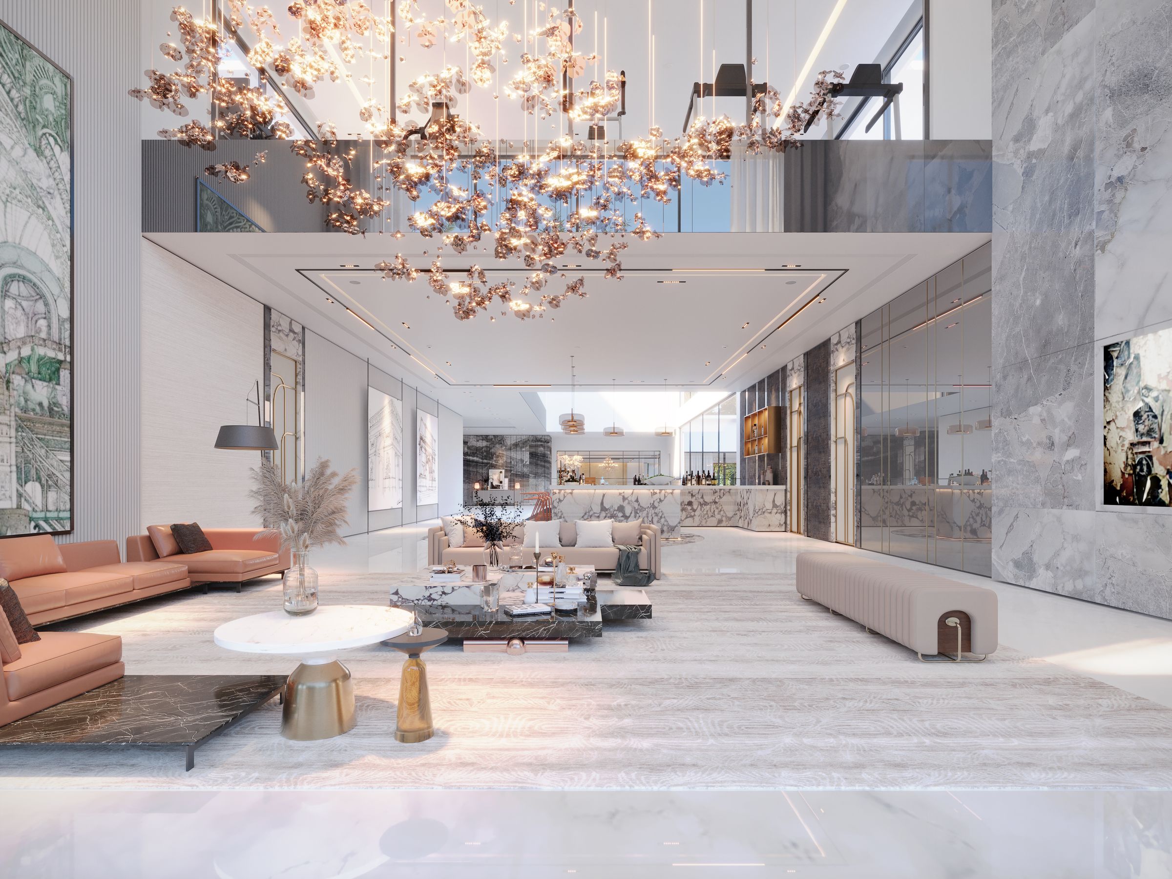 Edler Wohnraum mit raumhohem Glas und Innenausbau von Sentido Interiors